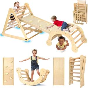 imageYOLEO Large Pikler Triangle Set 7in1 Montessori Climbing Toys for 1 Year Old wt Sturdy Base and Adjustable Height QuickFold Toddler Climbing Toys Indoor Playground and Fun Jungle Gym for KidsNatural Large 3 Pieces Climber Slide Arch