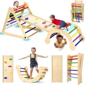 imageYOLEO Large Pikler Triangle Set 7in1 Montessori Climbing Toys for 1 Year Old wt Sturdy Base and Adjustable Height QuickFold Toddler Climbing Toys Indoor Playground and Fun Jungle Gym for KidsRainbow Large 3 Pieces Climber Slide Arch