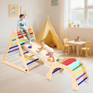 imageYOLEO Large Pikler Triangle Set 7in1 Montessori Climbing Toys for 1 Year Old wt Sturdy Base and Adjustable Height QuickFold Toddler Climbing Toys Indoor Playground and Fun Jungle Gym for KidsRainbow 3 Pieces Climber Slide Arch