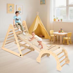imageYOLEO Large Pikler Triangle Set 7in1 Montessori Climbing Toys for 1 Year Old wt Sturdy Base and Adjustable Height QuickFold Toddler Climbing Toys Indoor Playground and Fun Jungle Gym for KidsNatural 3 Pieces Climber Slide Arch