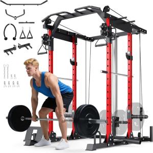 imageYOLEO Smooth Dual Pulley System Power Cage 1600LBS Adjustable Cable Crossover Power Rack MultiFunctional Squat Rack for Home Gym with More Training AttachmentPower Cage