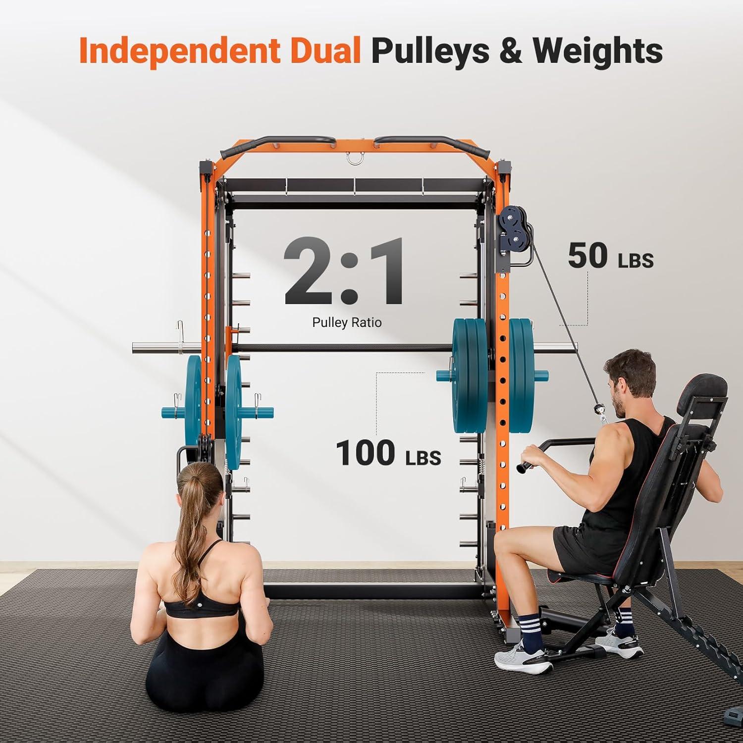 imageYOLEO NEW Smith Machine with Independent DualPulley System 1800LB Adjustable Cable Crossover Squat Rack MultiFunctional Power Cage for Home Gym with More Workout Equipment LAT Pulldown BarampampDip Bar