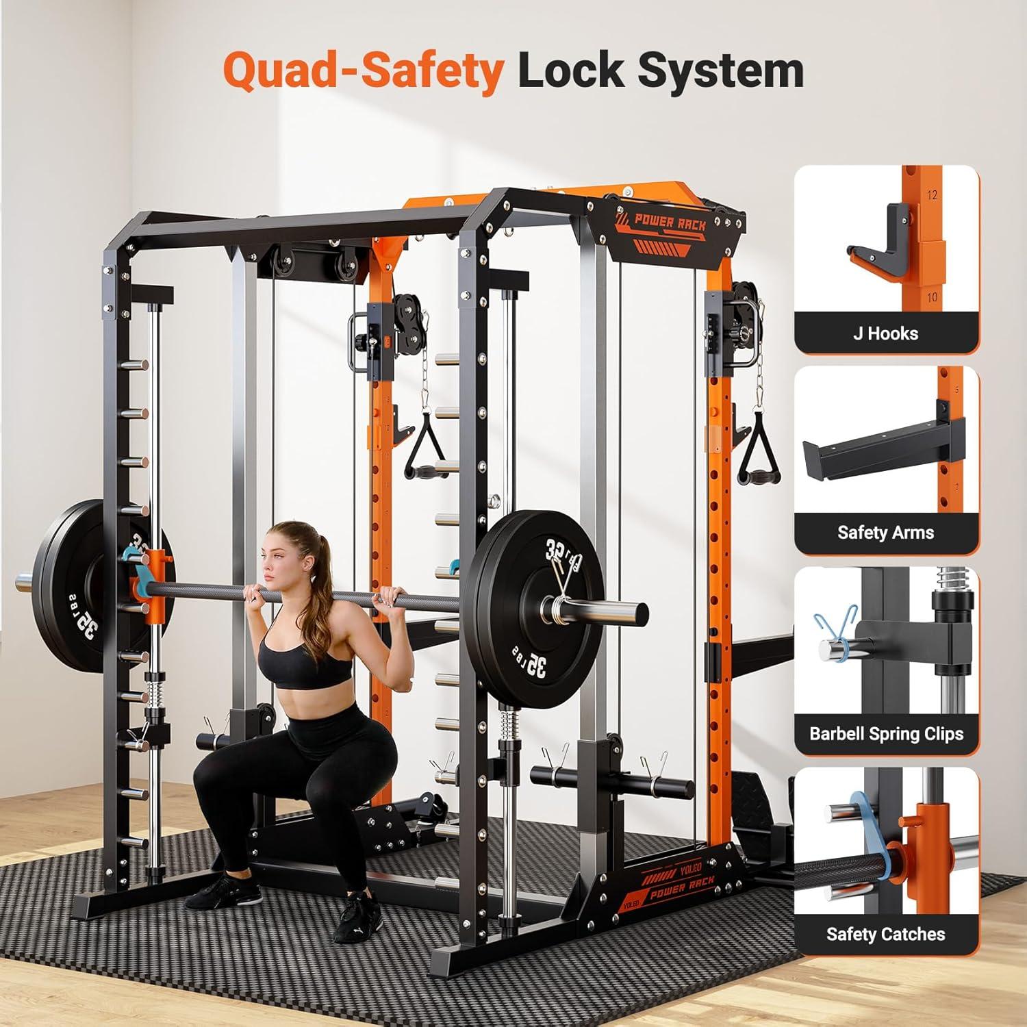 imageYOLEO NEW Smith Machine with Independent DualPulley System 1800LB Adjustable Cable Crossover Squat Rack MultiFunctional Power Cage for Home Gym with More Workout Equipment LAT Pulldown BarampampDip Bar