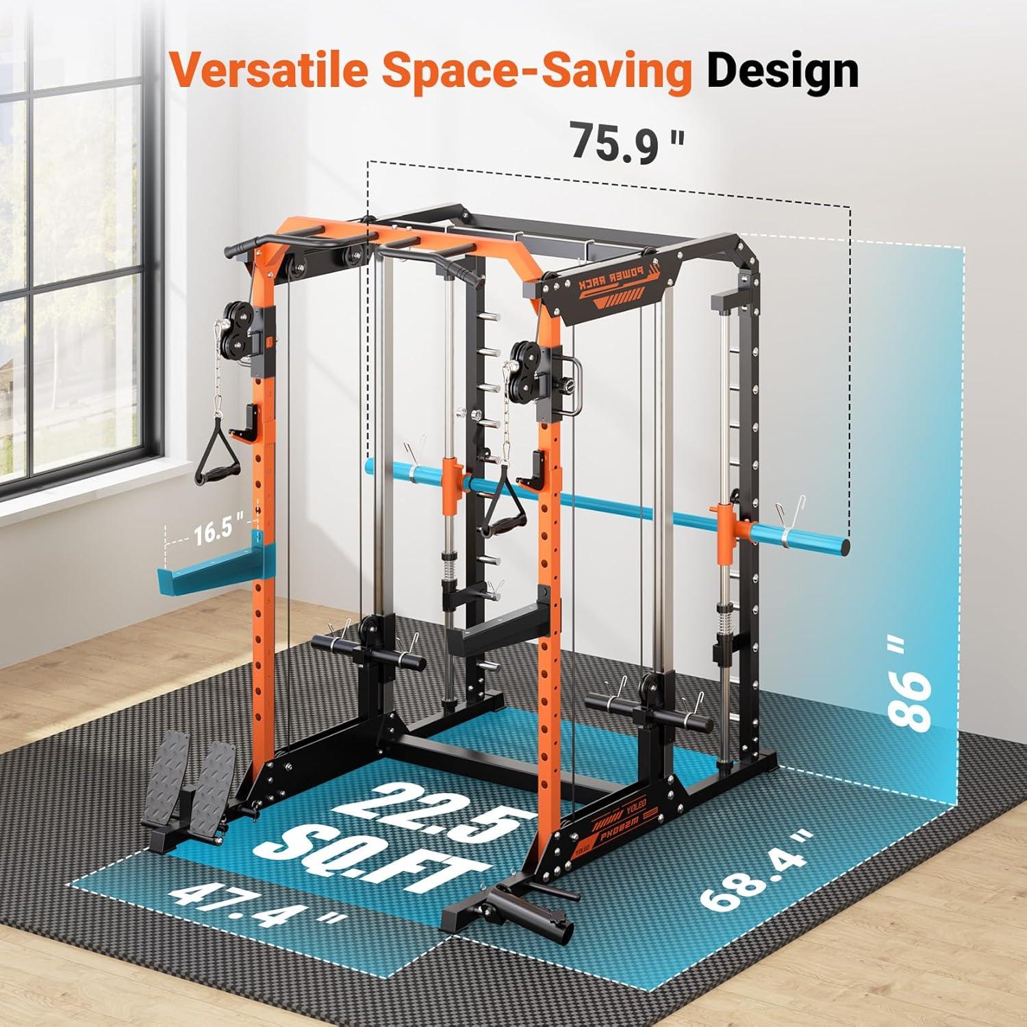 imageYOLEO NEW Smith Machine with Independent DualPulley System 1800LB Adjustable Cable Crossover Squat Rack MultiFunctional Power Cage for Home Gym with More Workout Equipment LAT Pulldown BarampampDip Bar