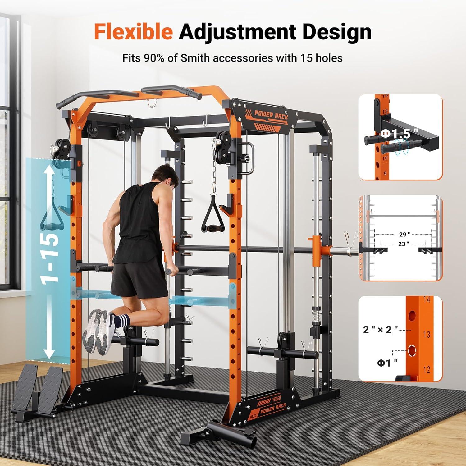 imageYOLEO NEW Smith Machine with Independent DualPulley System 1800LB Adjustable Cable Crossover Squat Rack MultiFunctional Power Cage for Home Gym with More Workout Equipment LAT Pulldown BarampampDip Bar