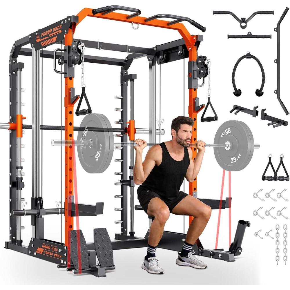 imageYOLEO NEW Smith Machine with Independent DualPulley System 1800LB Adjustable Cable Crossover Squat Rack MultiFunctional Power Cage for Home Gym with More Workout Equipment LAT Pulldown BarampampDip Bar