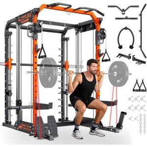 imageYOLEO NEW Smith Machine with Independent DualPulley System 1800LB Adjustable Cable Crossover Squat Rack MultiFunctional Power Cage for Home Gym with More Workout Equipment LAT Pulldown BarampampDip Bar
