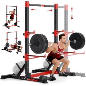 imageYOLEO Squat Rack with Adjustable PullUp Bar ampamp Extended Safety Arms MultiFunctional Power Racks Squat Stand for Home Gym Garage ampamp Basement 35quot67quot Width Fixed 83 Frame Height PullUp Bar Height 715quot805quot Fits 6FT ampamp 7FT BarbellsRedBlack