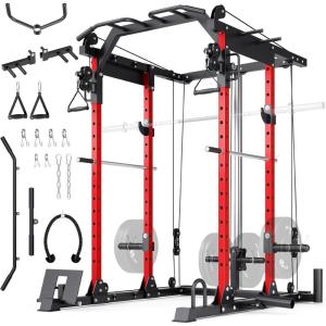 imageYOLEO MultiFunctional Power Cage Adjustable Cable Crossover System Power Rack with More Workout Cage Attachment 5070MM Base Garage Workout ampamp Home Gym Squat Rack