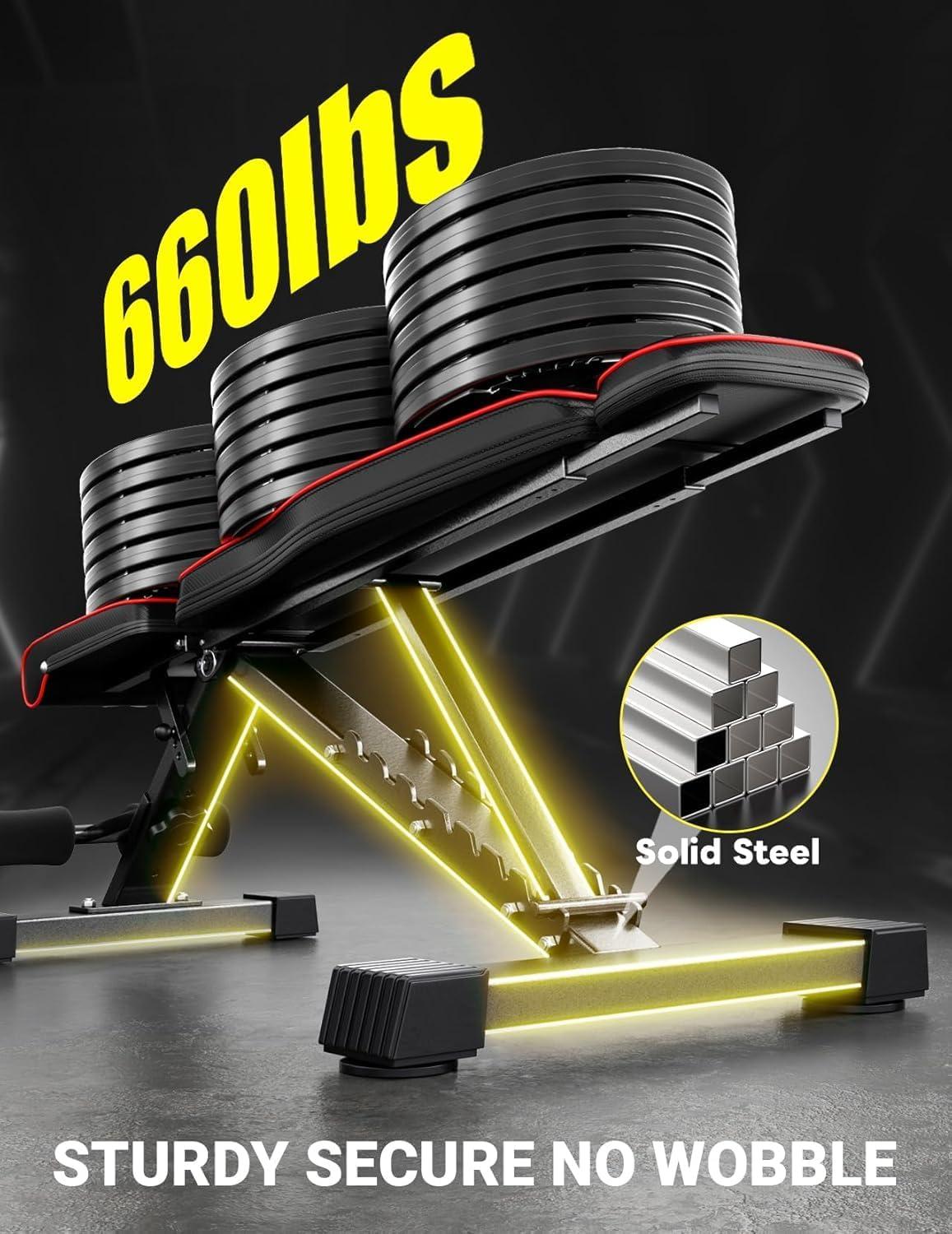 imageYOLEO Adjustable 660LBS Weight Bench Foldable Workout Bench with Extended HeadNeck ProtectionSpine Support for Bench Press Fast Folding DesignGym Mat660LBS Weight Bench